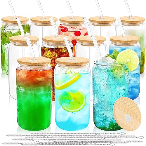 Glass Cups with Bamboo Lids and Straws  16 oz water bottles in bulk - 12 pack Clear
