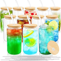 Glass Cups with Bamboo Lids and Straws  16 oz water bottles in bulk - 12 pack Clear