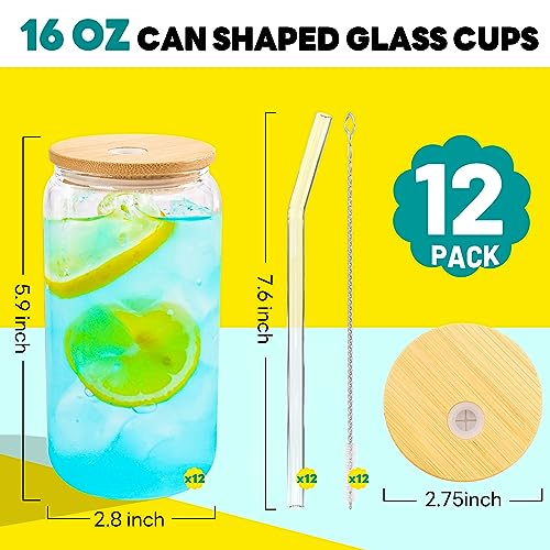 Glass Cups with Bamboo Lids and Straws  16 oz water bottles in bulk - 12 pack Clear