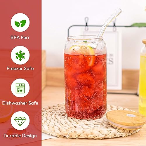Glass Cups with Bamboo Lids and Straws  16 oz water bottles in bulk - 4 pack Clear
