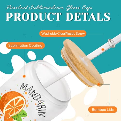 Glass cups with bamboo lids and straws 16 oz Sublimation Frosted glass cups - 8 pack
