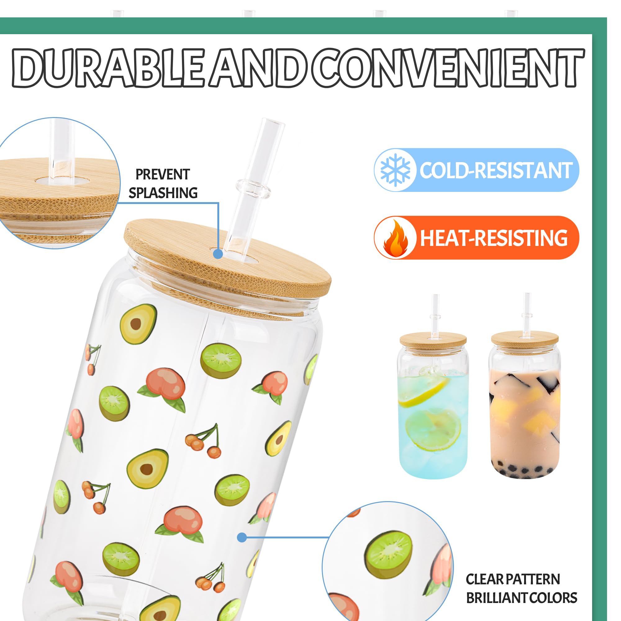 Glass cups with bamboo lids and straws 16 oz Sublimation Clear glass cups - 8 pack