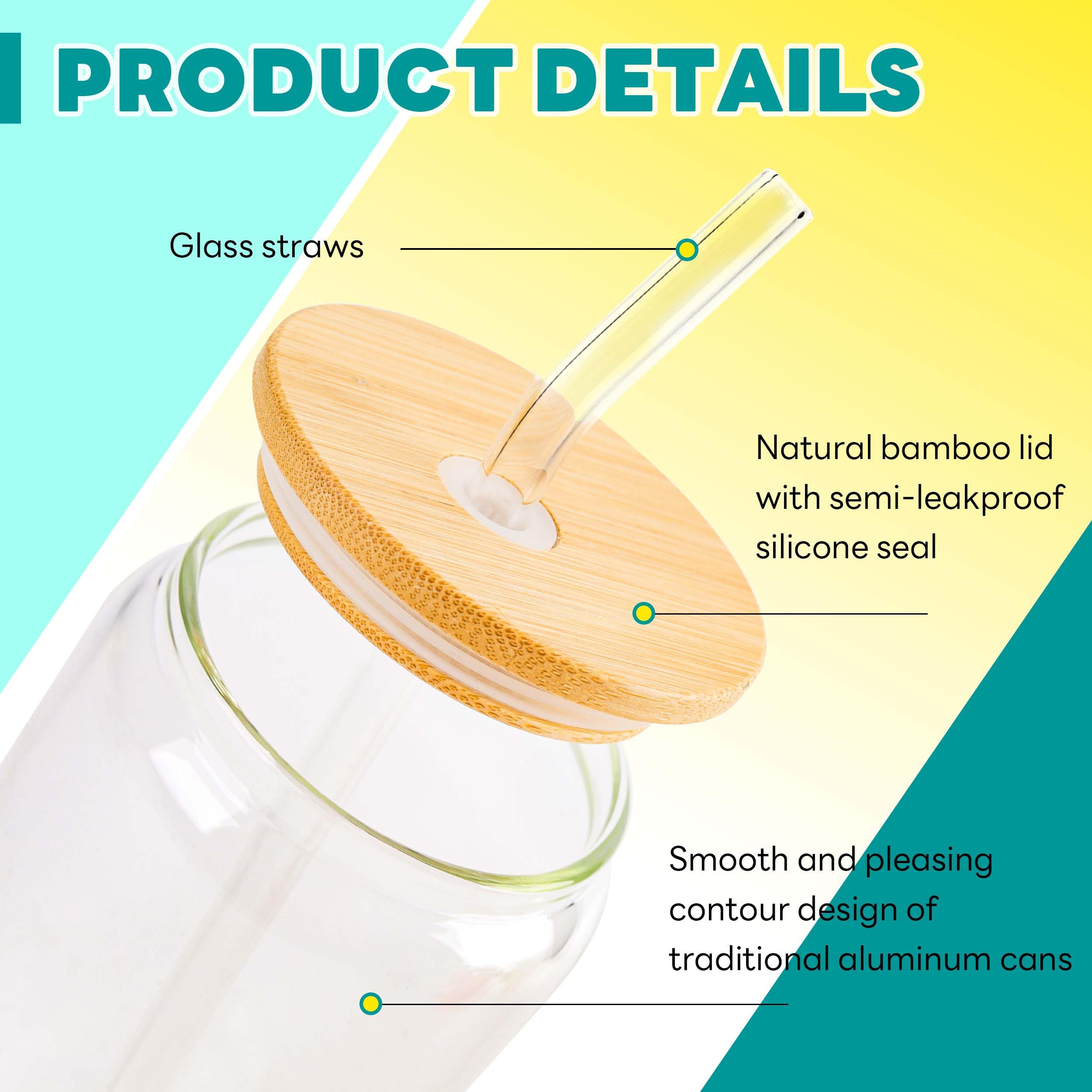 Glass Cups with Bamboo Lids and Straws  16 oz water bottles in bulk - 8 pack Clear