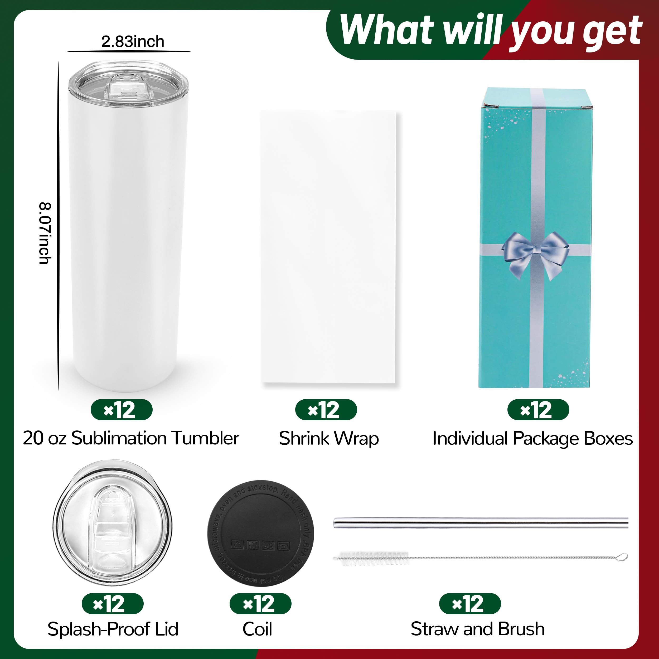20 oz Sublimation tumblers  stainless steel cups bulk water bottles - 12 pack Flat Bottom