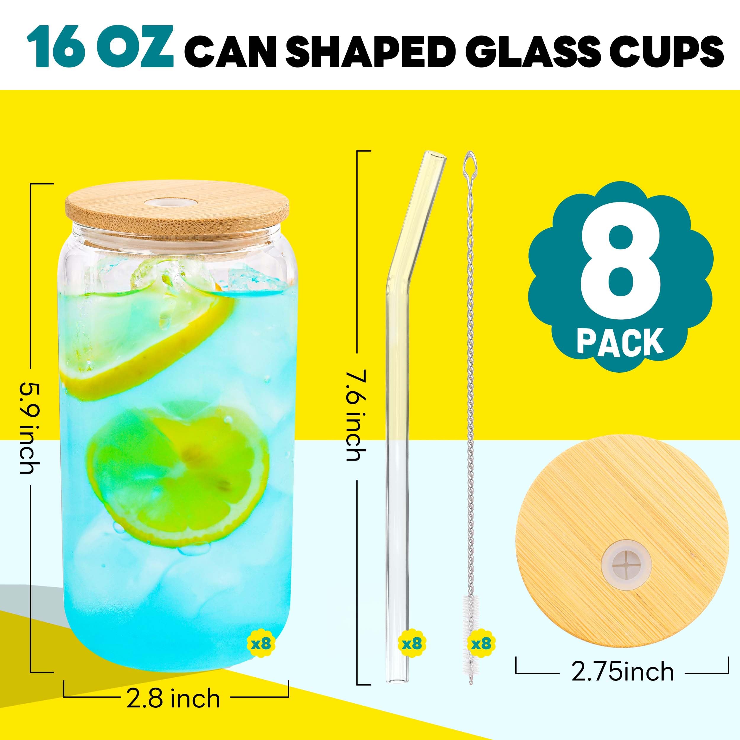 Glass Cups with Bamboo Lids and Straws  16 oz water bottles in bulk - 8 pack Clear