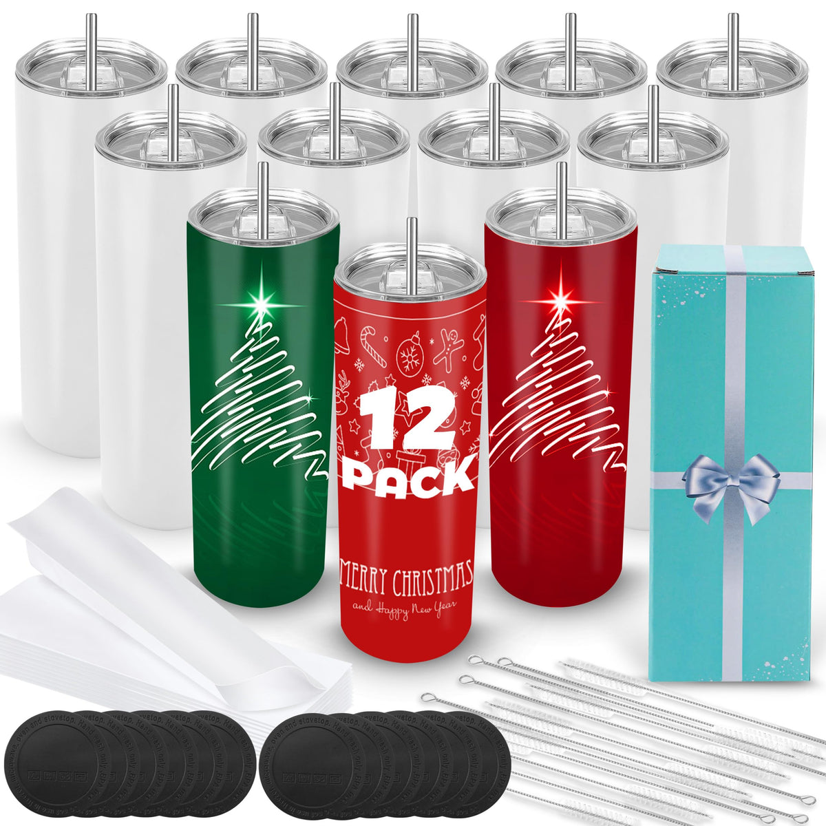 20 oz Sublimation tumblers  stainless steel cups bulk water bottles - 12 pack Flat Bottom