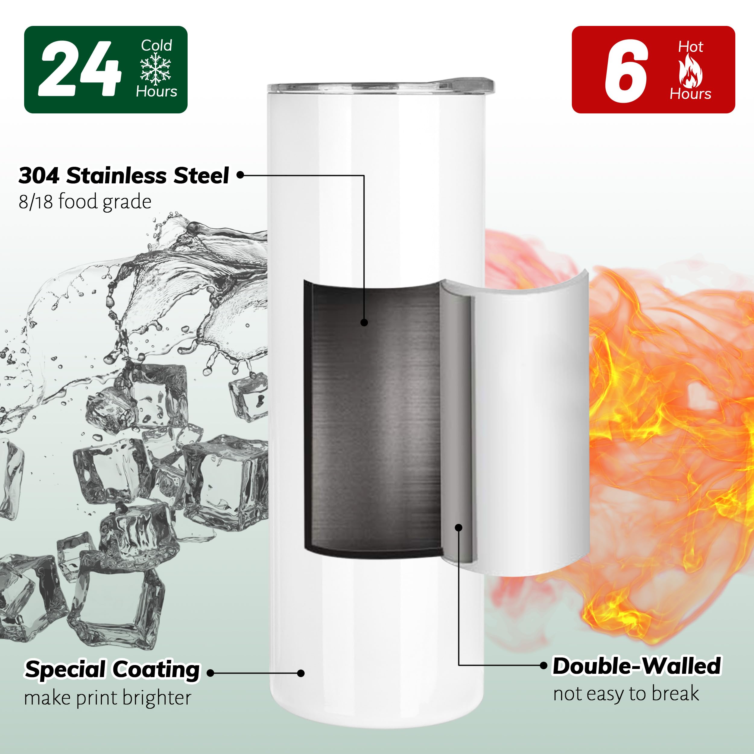 20 oz Sublimation tumblers  stainless steel cups bulk water bottles - 12 pack Flat Bottom